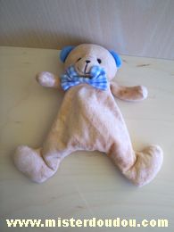 Doudou Ours Vertbaudet Beige oreilles bleues noeud vichy bleu 