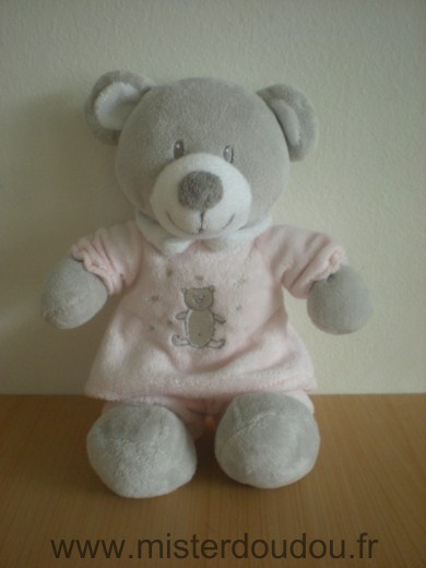 Doudou Ours Vetir Gris rose motif ours 