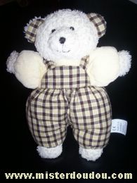 Doudou Ours Vulli Ecru salopette carreaux marrons 