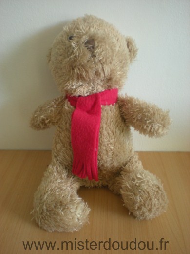 Doudou Ours Yves rocher Beige echarpe rouge 