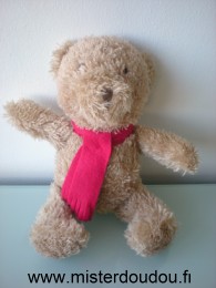 Doudou Ours Yves rocher Beige echarpe rouge Grand modele