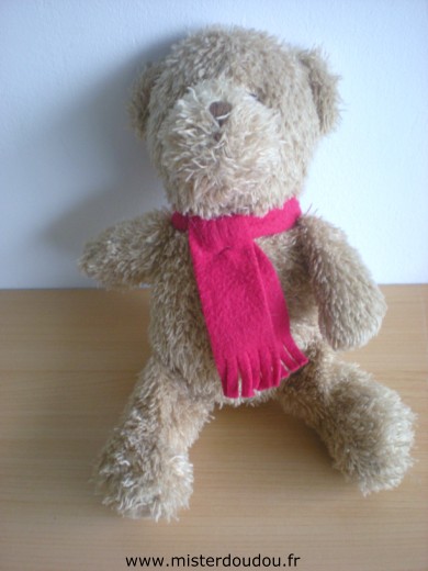 Doudou Ours Yves rocher Beige echarpe rouge Grand modèle