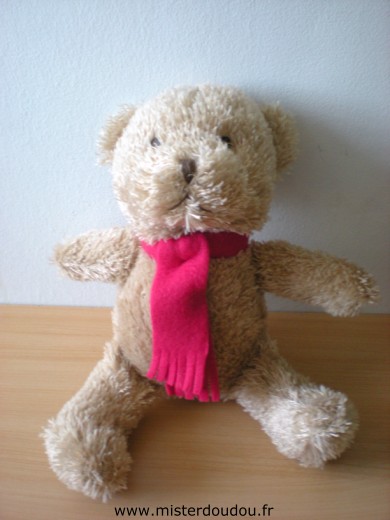 Doudou Ours Yves rocher Beige echarpe rouge 