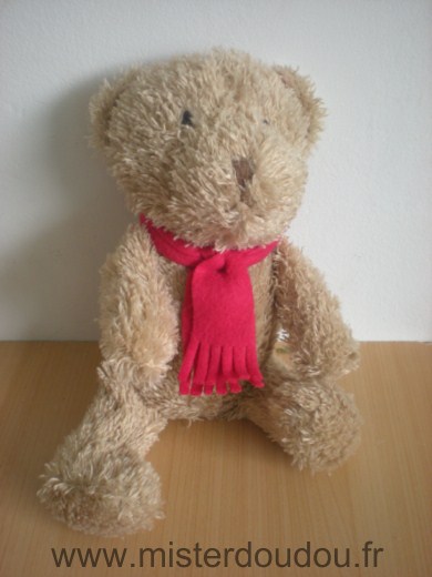 Doudou Ours Yves rocher Beige echarpe rouge 