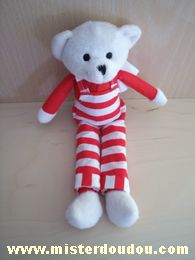 Doudou Ours Yves rocher Blanc salopette rayée rouge et blanc 