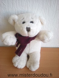 Doudou Ours Yves rocher Ecru echarpe bordeau 