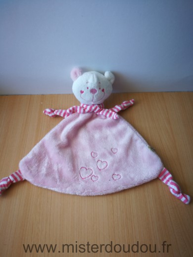 Doudou Ours - marque non connue - Cause rose blanc echarpe rayee coeur 