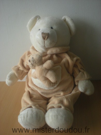 Doudou Ours - marque non connue - Ecru beige avec bébé ours dans la poche blanche 