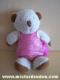 Doudou Ours - marque non connue - Ecru robe rose Brodé christine k sous la patte 

petit prix car état très moyen