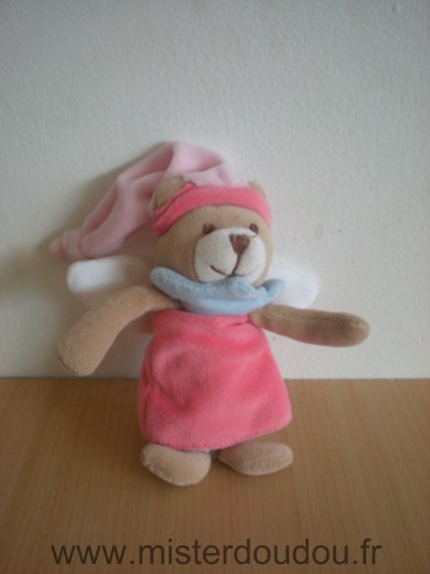 Doudou Ours - marque non connue - Rose ailes blanche bonnet  rose 