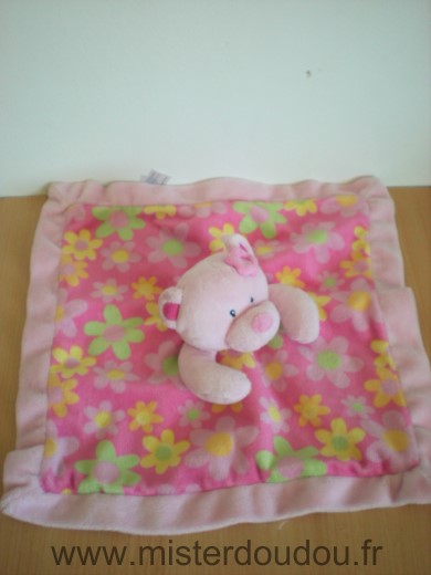 Doudou Ours 0 Rose fleurs rose jaune dessous satin rose 