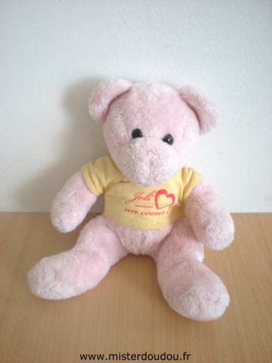 Doudou Ours - marque non connue - Rose tshirt jaune 'joli comme un coeur' 