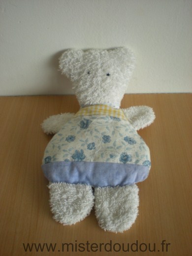 Doudou Ours - marque non connue - Tissus eponge blanc tissus motifs fleurs bleues 