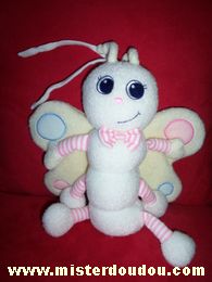 Doudou Papillon Luminou Blanc ailes jaunes pattes rayées rose blanc 