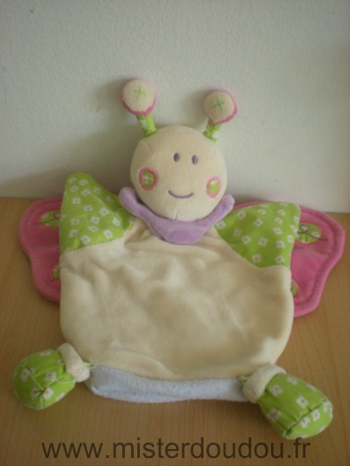 Doudou Papillon Nounours Ecru vert ailes roses 