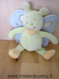 Doudou Papillon Tex Vert bleu foulard jaune Ses ailes font un bruit de papier