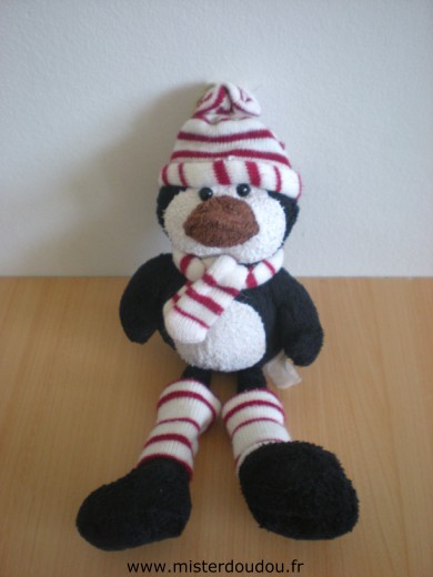 Doudou Pingouin - Marque non connue - Noir blanc bonnet echarpe rayés rouge blanc 