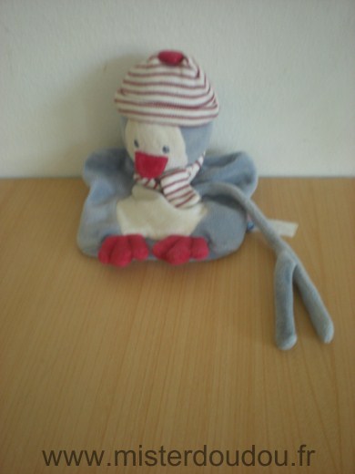 Doudou Pingouin Sucre d orge Bleu banc bonnet raye rouge et blanc attache tetine 