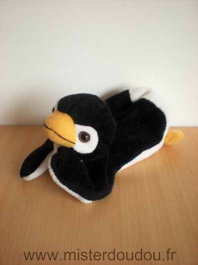Doudou Pingouin - marque non connue - Noir blanc allonge semi plat 