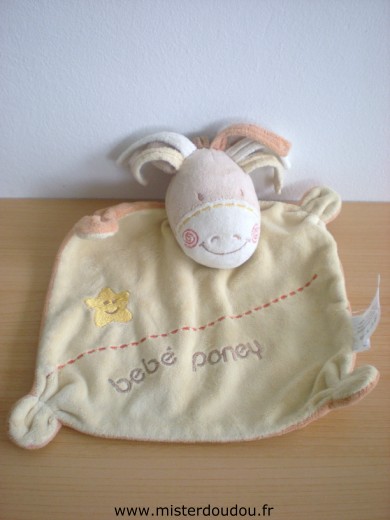 Doudou Poney Kiabi baby Jaune dessus orange dessous avec brodé dessus etoile et bébé poney 