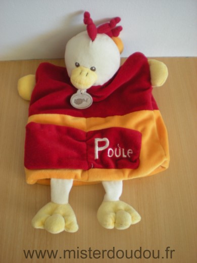 Doudou Poule Baby nat Rouge orange jaune blanc brode p comme poule 