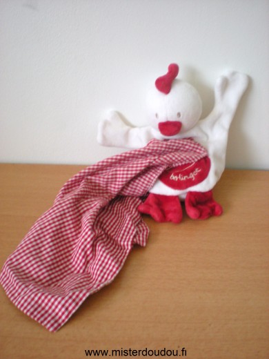 Doudou Poule Berlingot Blanc rouge avec mouchoir  vichy rouge blanc 