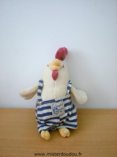 Doudou Poule Moulin roty Séraphin ecru  salopette rayée bleu gris N'est pas sonore