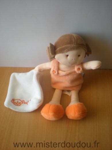 Doudou Poupée Baby nat Fille robe rose saumon orange mouchoir blanc 