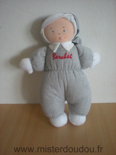 Doudou Poupée Berchet Gris blanc brodé 