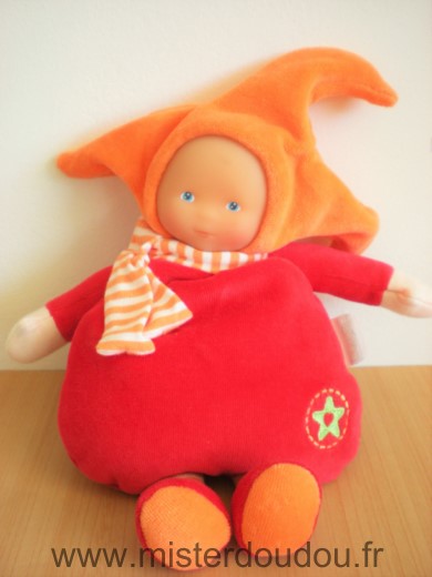 Doudou Poupée Corolle Lutin grenadine rouge bonnet orange echarpe rayee orange blanc 