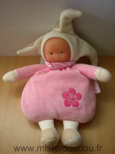 Doudou Poupée Corolle Lutin rose blanc beige fleur 