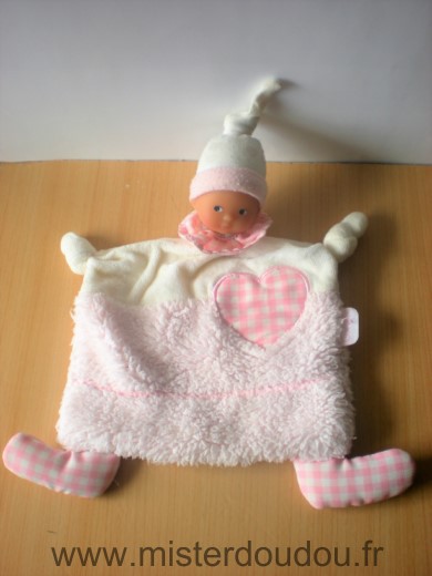 Doudou Poupée Corolle Rose blanc coeur Tissus du bonnet bouloches