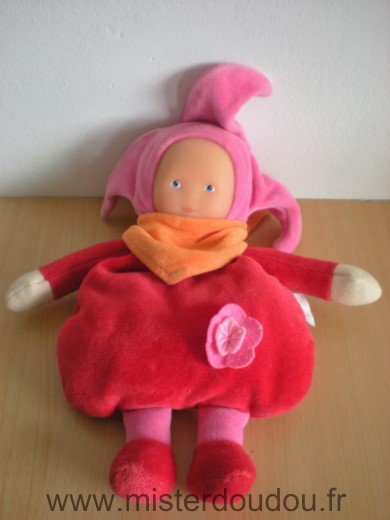 Doudou Poupée Corolle Rouge rose foulard orange Bout du bonnet un peu usé