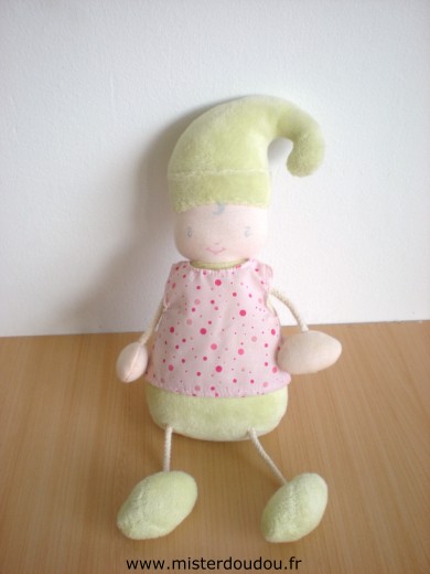 Doudou Poupée Corolle Vert robe rose 