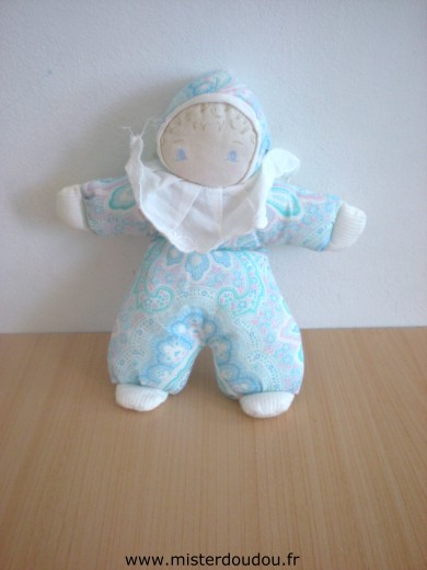 Doudou Poupée Fanfoun Bleu blanc rose vert motifs 