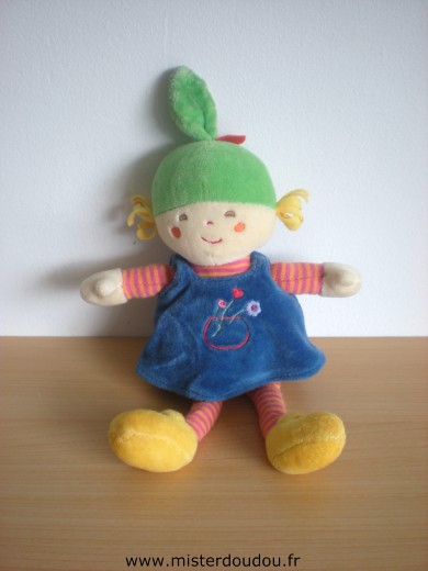 Doudou Poupée 0 Rayé orange rouge robe bleue bonnet vert 