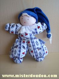 Doudou Poupée Moulin roty Blanc à motifs bleus et bonnet bleu 