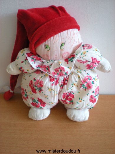 Doudou Poupée Nounours Blanc fleurs roses rouges bonnet rouge 