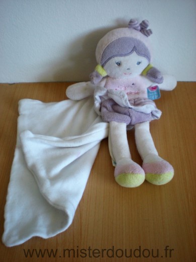 Doudou Poupée Sucre d orge Cajou rose mauve mouchoir blanc 