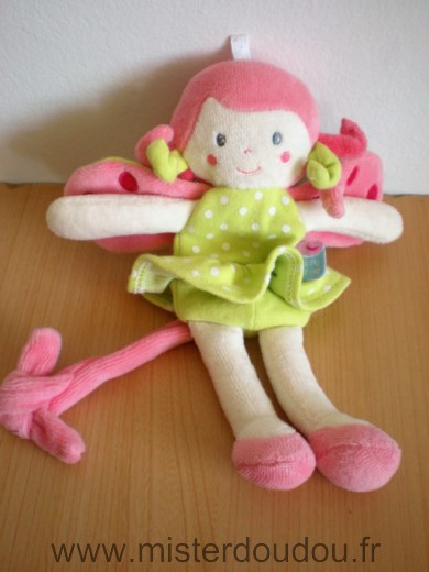 Doudou Poupée Sucre d orge Fille papillon robe verte points blancs ailes roses 