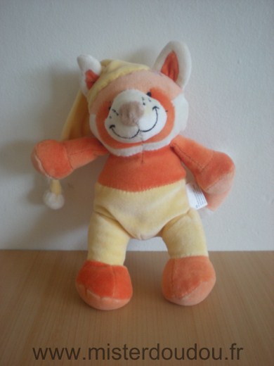 Doudou Renard Auchan Orange jaune bonnet jaune 