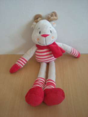 Doudou Renne Kimbaloo Beige rayé rouge et blanc 