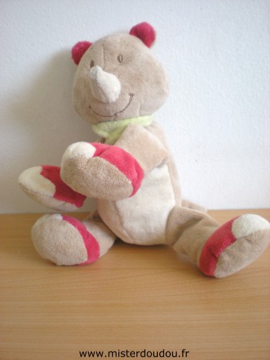 Doudou Rhinocéros Bengy Beige blanc rouge foulard vert 