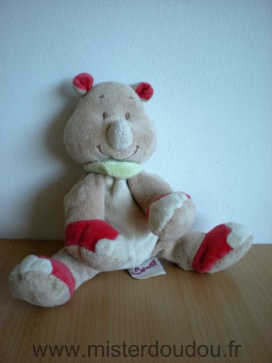 Doudou Rhinocéros Bengy Blanc marron rouge foulard vert 