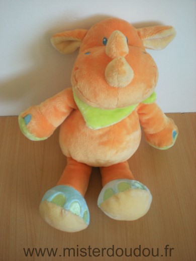 Doudou Rhinocéros Kiabi baby Orange foulard vert 