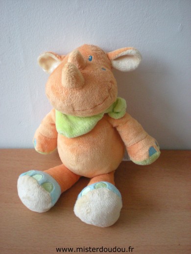 Doudou Rhinocéros Kiabi baby Orange foulard vert 