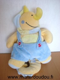 Doudou Rhinocéros Pédro Jaune salopette bleue 