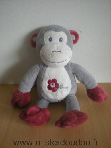 Doudou Singe Arthur et lola Arthur gris rouge fleur rouge 