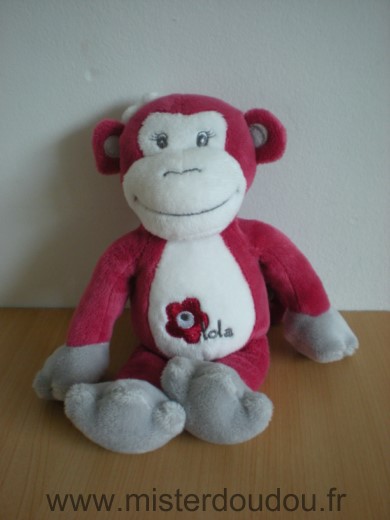 Doudou Singe Arthur et lola Lola rouge blanc fleur 