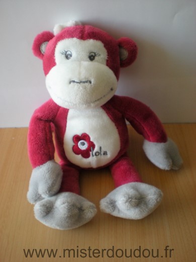 Doudou Singe Bébisol Lola rose rouge blanc gris 